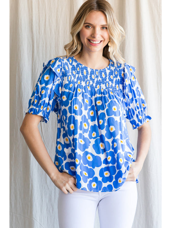 Floral Print Top w/ Smocked Yoke