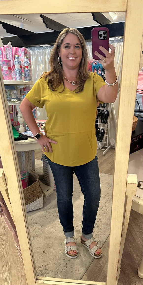 Golden Solid V-Neck Woven Top
