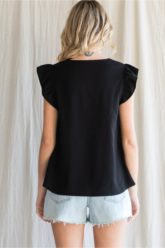 Black Scallop Neck Flutter Sleeve Top