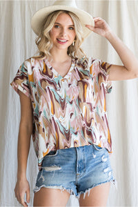 Mauve Mix Print V-Neck Top