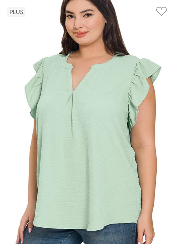 Dusty Green Ruffle Sleeve High-Low Top