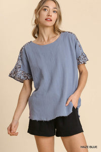 Haze Blue Gauze Animal Print Top