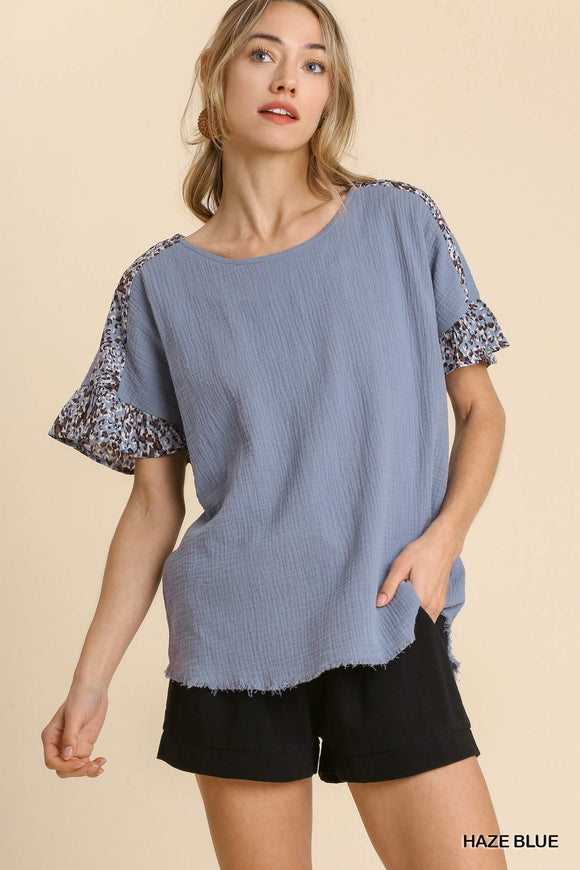 Haze Blue Gauze Animal Print Top