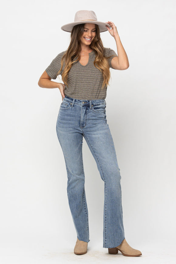 HIGH WAIST TUMMY CONTROL RAW HEM SLIM BOOTCUT
