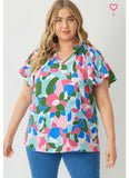 Green Print V-Neck Top