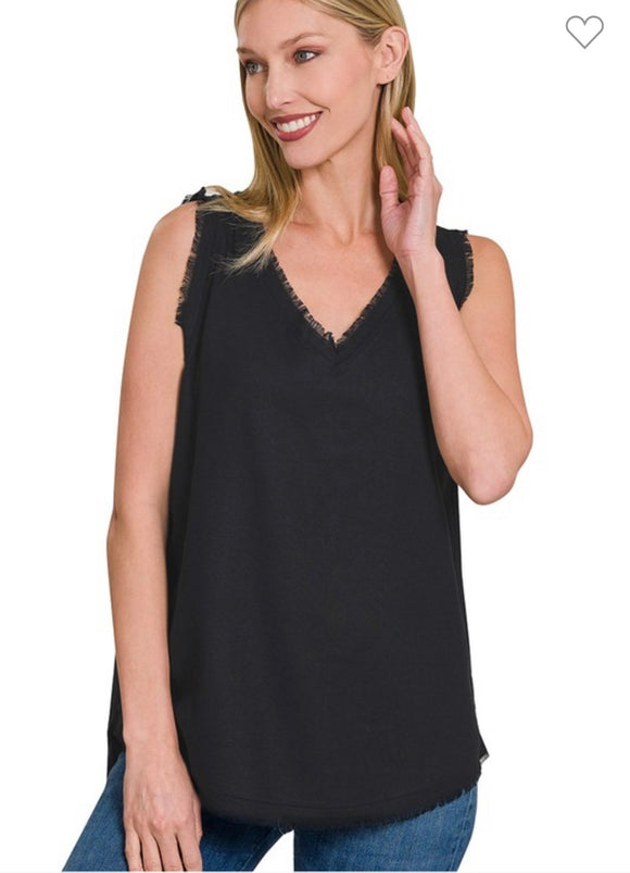 Black Linen Frayed Edge Tank