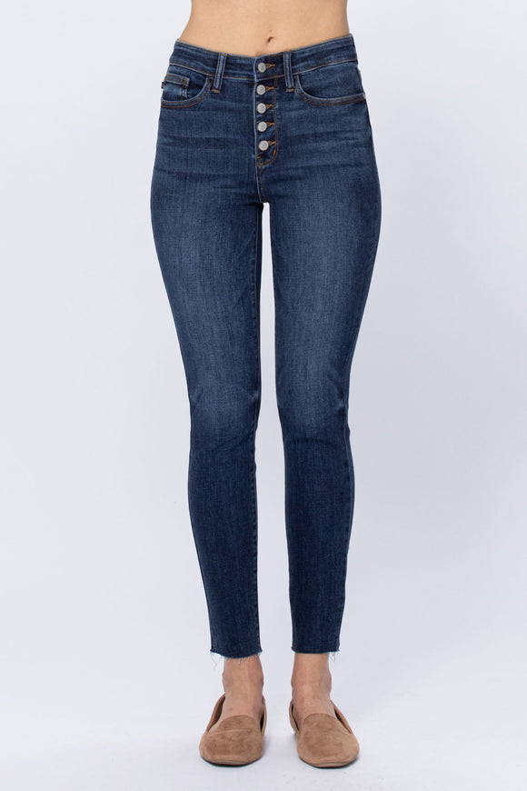 Hi Rise Button Fly Cut Off Skinny
