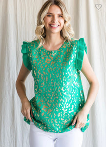 Green Metallic Leopard Print Knit Top