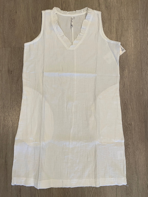 White Gauze Sleeveless Frayed Dress