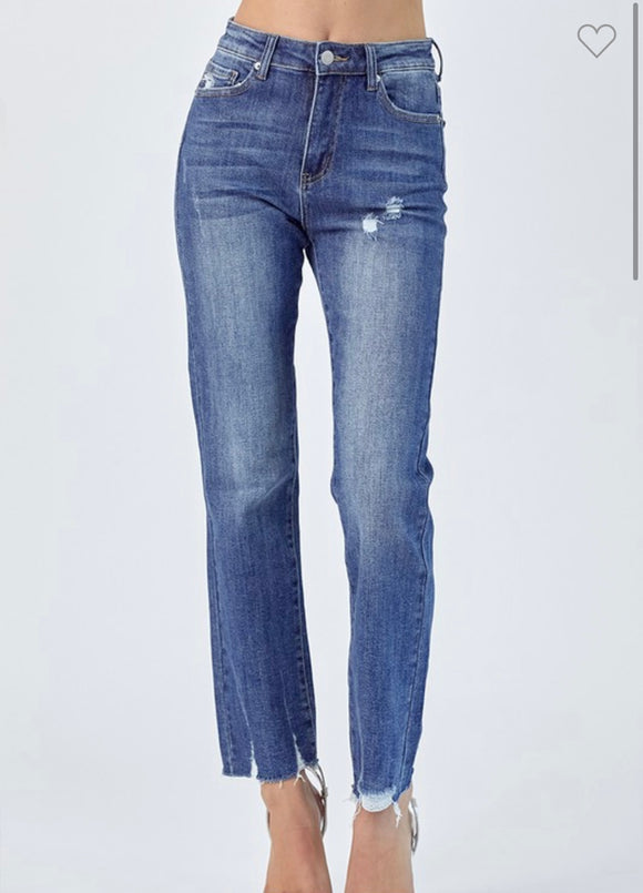 High Rise Raw Hem Straight Leg Jeans