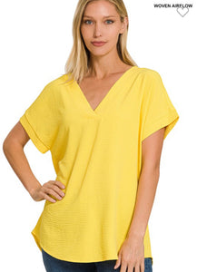 Yellow V-Neck Woven Hi-Low Top