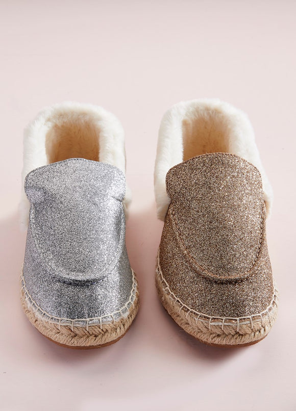 Espadrille Faux Fur lined Slipper Shoe in Glitter