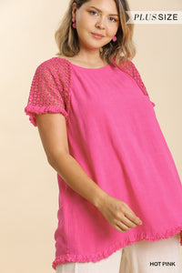 Pink Linen Blend Crochet Sleeves Top