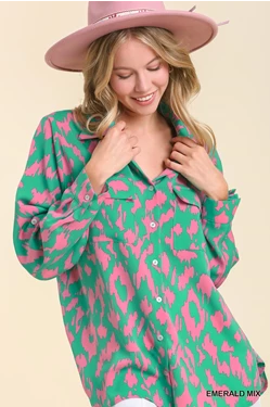 Emerald Leopard Print Button Down Top