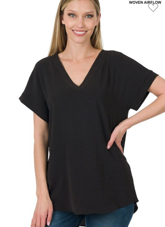 Black V-Neck Woven Top