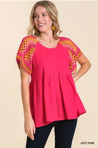 Linen Blend Babydoll Top with Crocheted Sleeves