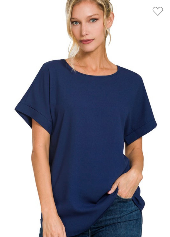 Navy Rolled Sleeve Top