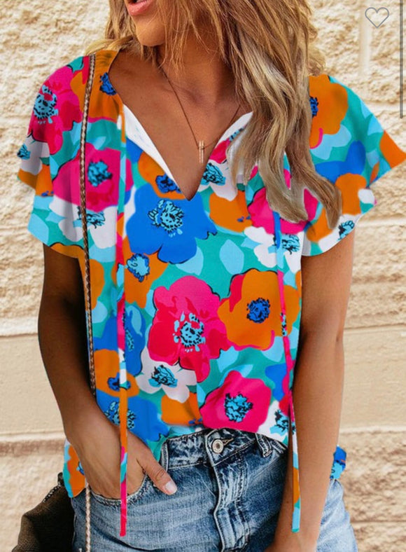 Multi Floral V-Neck Top