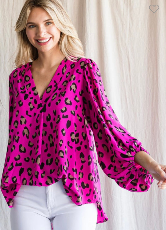 Hot Pink Leopard Bubble Sleeve Top