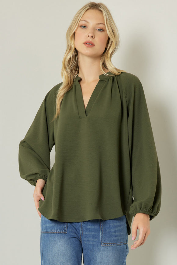 V-neck long sleeve top-Olive