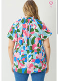 Green Print V-Neck Top